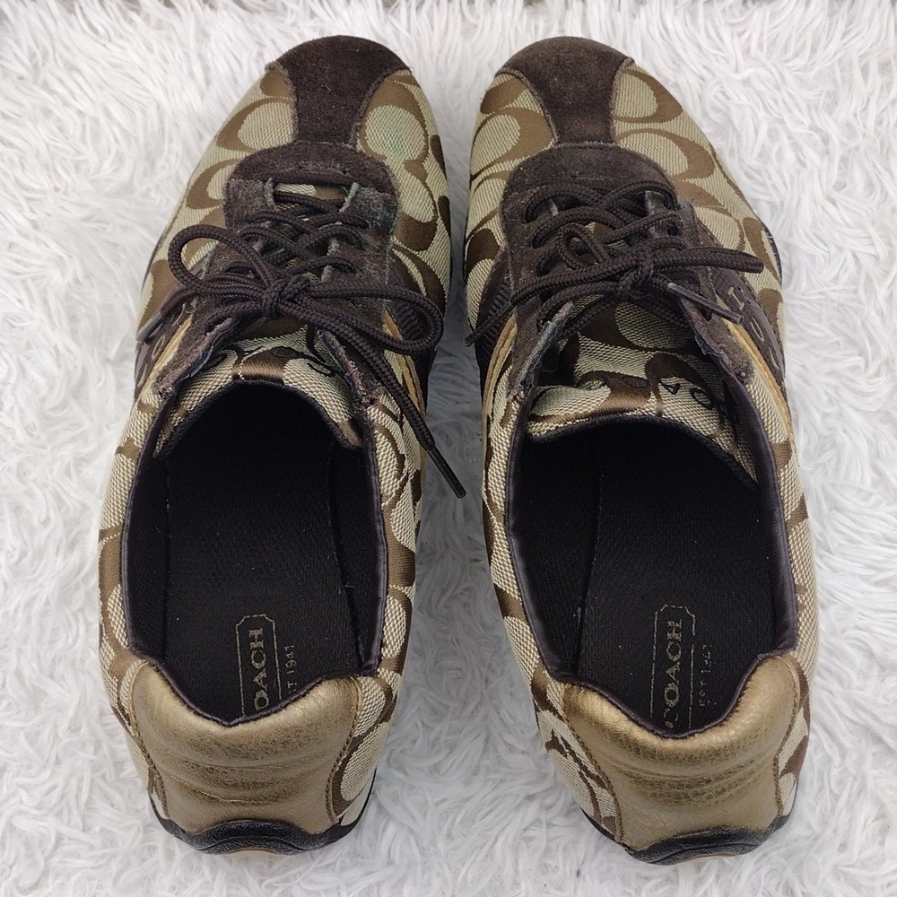 Coach Jayme Brown Suede Signature Canvas Metallic Detail Lace Up Sneaker - Picture 6 of 16